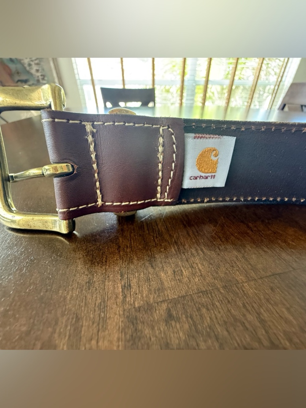 Carhartt Dark Brown Leather Belt with Brass Buckle and Logo Tab